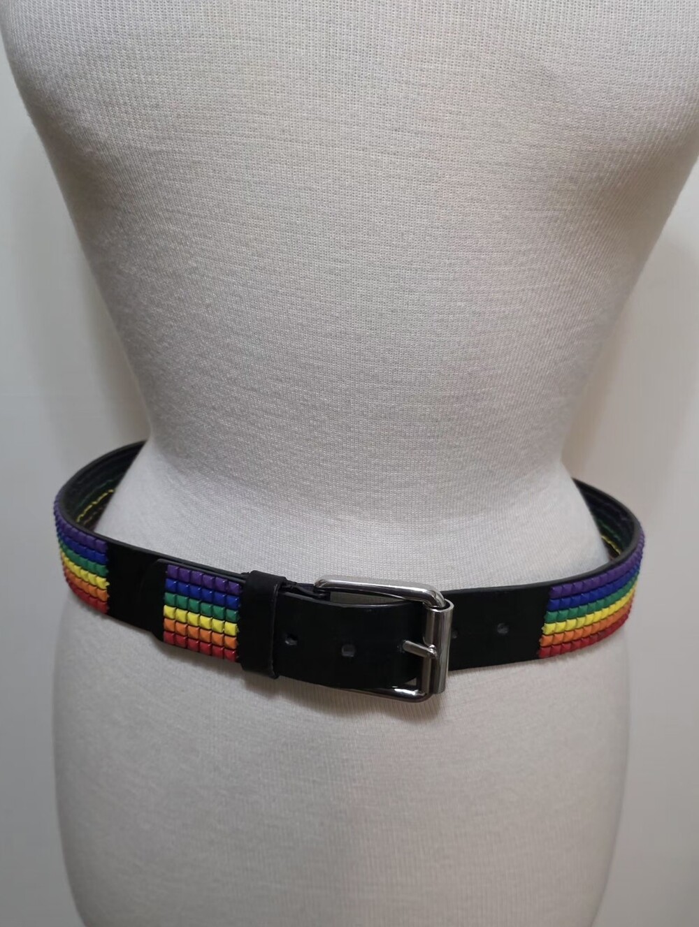 Unisex Rainbow Studded Belt Leather Metal Size 32 Black Bonded Leather